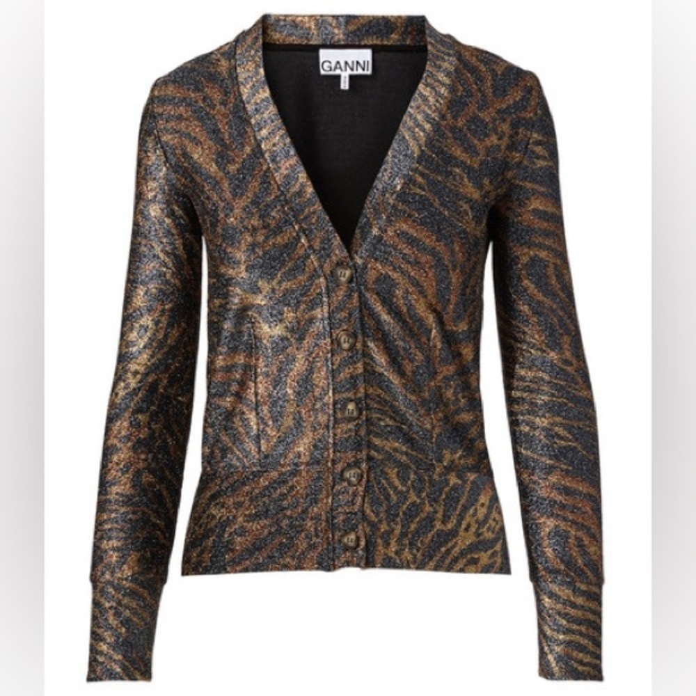 Ganni Metallic Black and Gold Animal-Print Cardigan